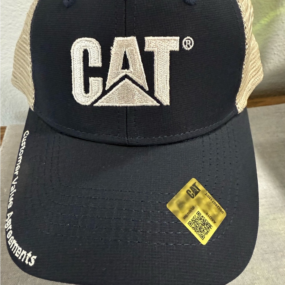Caterpillar Tan and Navy Blue Hat with CAT Logo